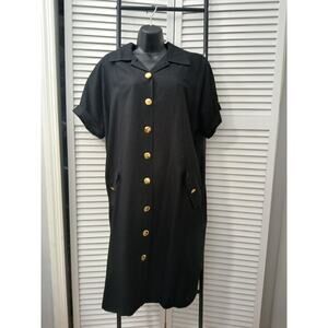 N.R.1Black Shirt Dress Gold Buttons Short SleevesLined Rayon / Linen Blend sz 14